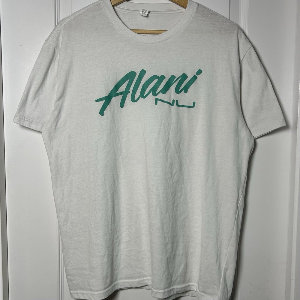 Alani Nu Official Merchandise Unisex White Teal Script Logo Graphic T-Shirt‎